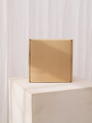 craft cardboard box on a light background with sunlight. Mockup