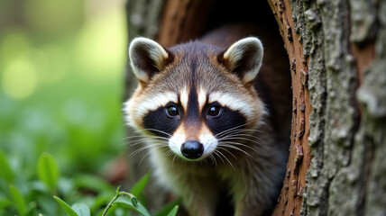 Obraz premium Raccoon peeking out from tree hole