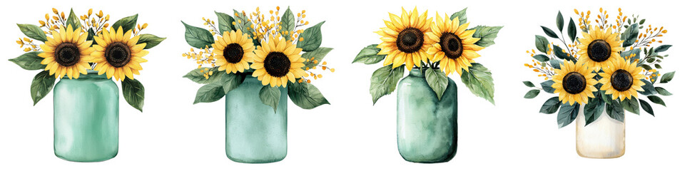 Sunflowers Blooming in Cylindrical Vase with Vibrant Floral Arrangement   Rustic Sunflower Bouquet in Green Glass Container with Lush Botanical Leaves and Stems