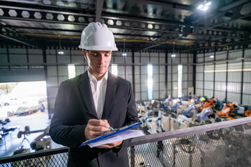 Construction Manager Overseeing Operations in Factory With Advanced Machinery and Robots