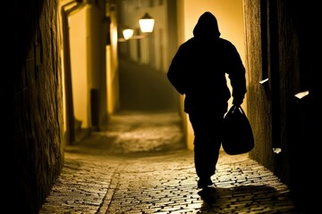 Hooded Figure Walks Alone Down A Dark Night Street