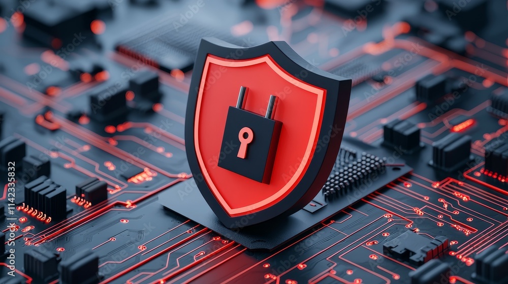 Poster using digital shields over data streams signifies monitoring cyber security risks for corporations.
