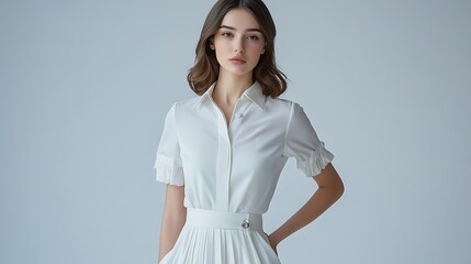 Female model in tailored white blouse and skirt, posing confidently against a clean, modern backdrop