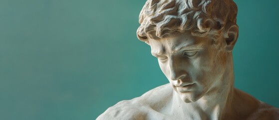 a white stone statue with curly hair is in front of an aqua blue background