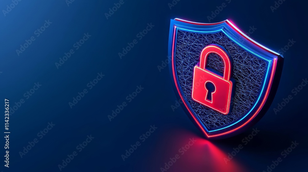 Poster networked shield with a lock symbol representing cyber defense and data protection.