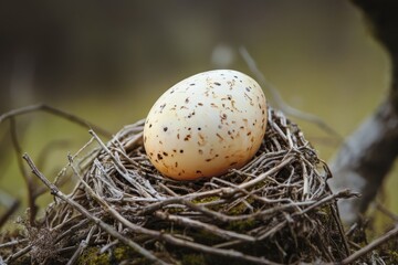 Obraz premium A speckled bird egg rests in a small, twig nest nestled on mossy branches.