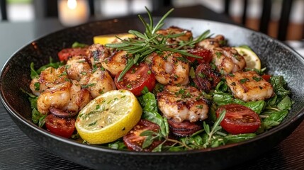 Fototapeta premium Delicious seafood salad with grilled shrimp, fresh herbs, and lemon.