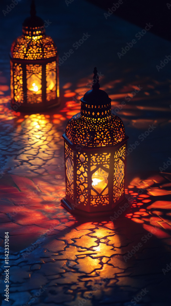 Poster metal lanterns casting warm light and intricate shadows on a patterned surface, creating a serene am