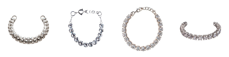 An array of elegant jewelry accessories including sparkling bracelets and necklaces made of precious metals diamonds and crystals displayed in a luxurious fashion  The bejeweled items exude glamour