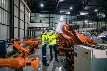 Workers Inspect Robotic Arms in a Modern Manufacturing Facility for Quality Assurance