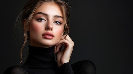 Female model in trendy black turtleneck, confident pose under spotlight,