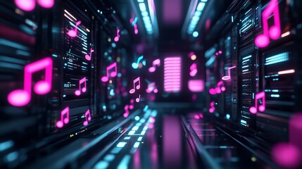 Fototapeta premium Futuristic computer design with colorful music notes, digital style and vibrant visuals