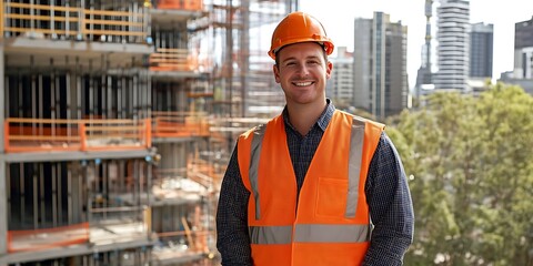 Portrait of a male construction worker standing proudly on a building site, overseeing a new project, smiling