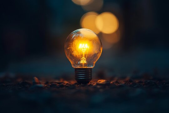 Glowing lightbulb on ground at night.