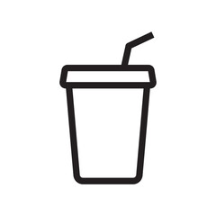 Coffee cup icon vector outline style. Disposable coffee cup with straw. Coffee paper cup, plastic container for hot and cold drink, juice