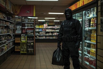 Obraz premium Masked Figure Stands In Convenience Store Holding Bag