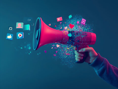 A hand holding a red megaphone emits colorful social media icons, representing communication, marketing, and digital engagement on a vibrant background.