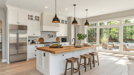 A kitchen with a wooden island and a large window. The kitchen is clean and well-lit, with a modern design. Scene is warm and inviting