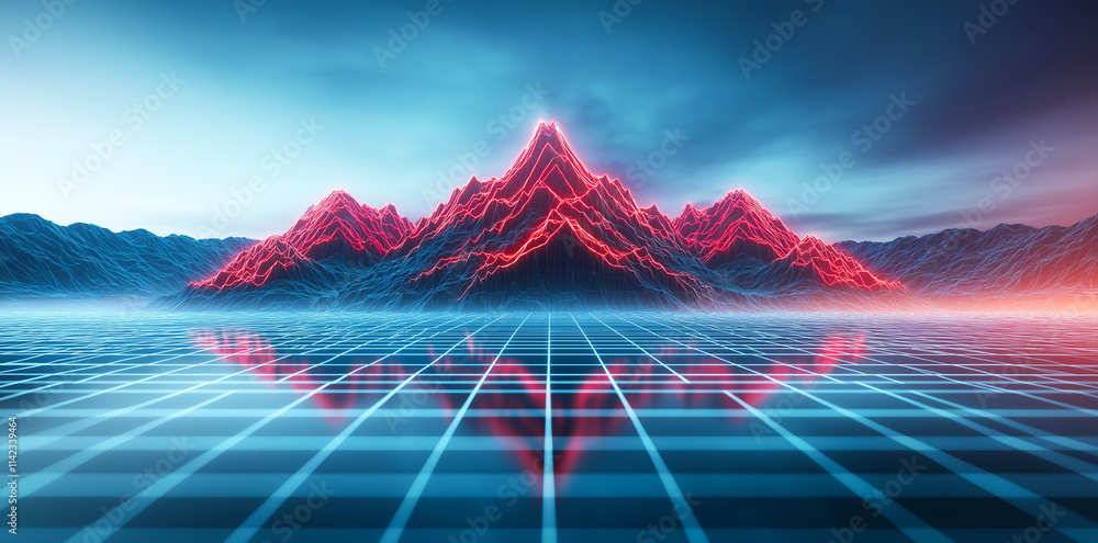 Poster futuristic landscape with neon mountains and grid reflection, creating surreal atmosphere. vibrant c