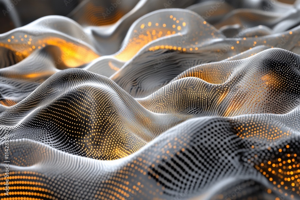 Poster abstract wavy terrain with glowing dots and smooth curves