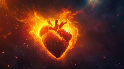 Burning Heart in the Cosmos: A fiery human heart, engulfed in flames against a backdrop of cosmic stardust, evokes passion, intensity, and the raw power of life.  