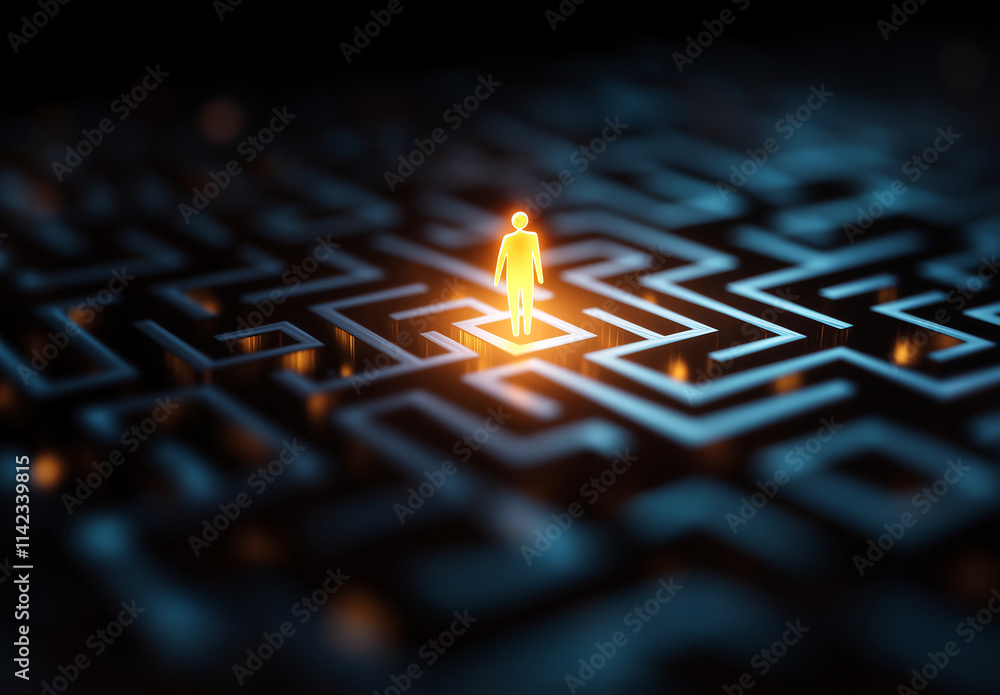 Poster glowing figure stands in center of complex maze, symbolizing guidance and exploration. intricate pat