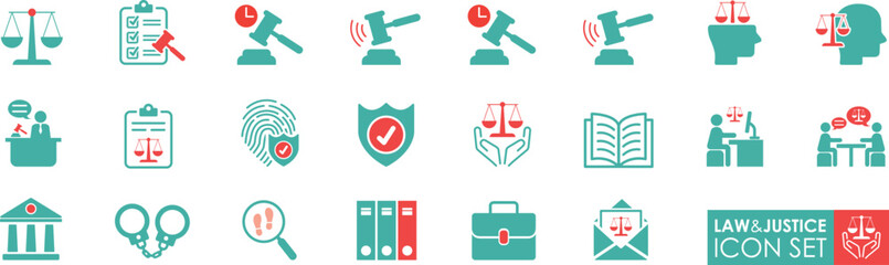 The Law and Justice icons set is in solid style, It contains justice law, court legal, lawyer, judgment, authority and more