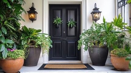 Fototapeta premium Elegant black door with tropical plants, entryway, classic, stylish home exterior.
