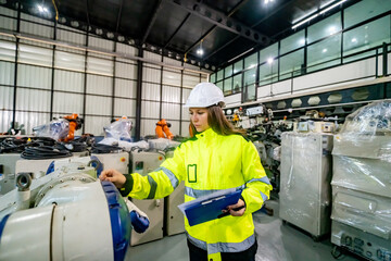 Young Engineer Conducting Equipment Inspection in a Modern Manufacturing Facility