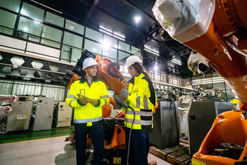 Engineers Discussing Robotic Systems in a Modern Manufacturing Facility