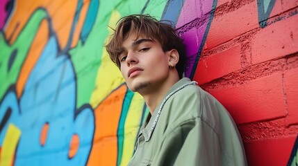 Obraz premium Young male model posing confidently against a colorful graffiti wall