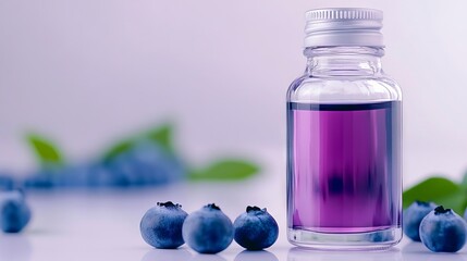 A bottle of blueberry juice next to some blueberries on a table