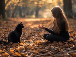 woman and black cat in autumn forest