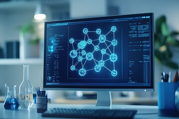 Computer screen displaying advanced molecular structure in lab setting.