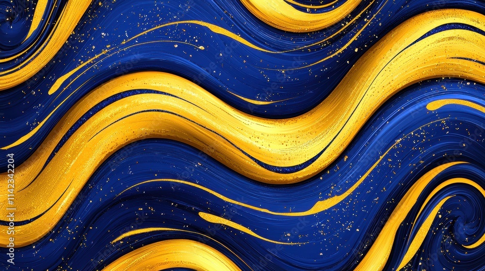 Poster vibrant abstract waves of blue and gold mixing in flowing patterns of color and texture