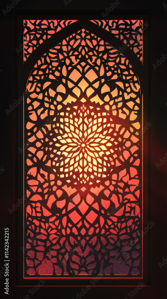 Poster beautiful floral pattern on a window, illuminated with a warm color gradient, setting a festive mood