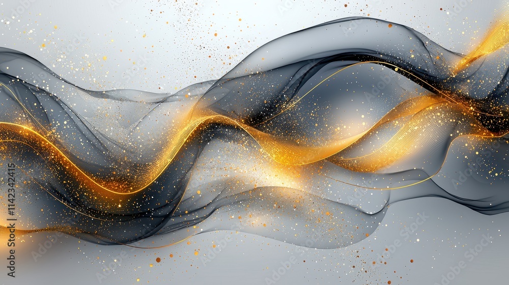 Poster flowing abstract waves with golden sparkles on a light gray background