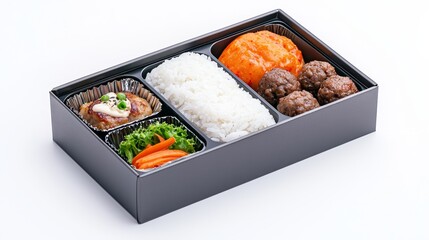 An airplane meal service featuring rice, vegetables, and meat.