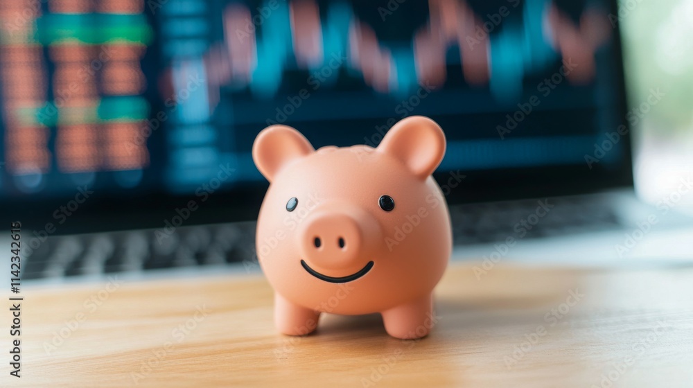Poster a piggy bank sits on a table with financial graphs displayed on a laptop in the background.
