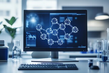 Monitor with molecular structure in modern lab.