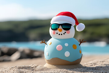 cheerful snowman made of sand, wearing sunglasses and Santa hat, stands on beach. vibrant colors and playful design create fun holiday vibe