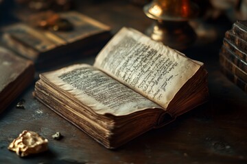 Open antique book with aged pages on wooden desk.