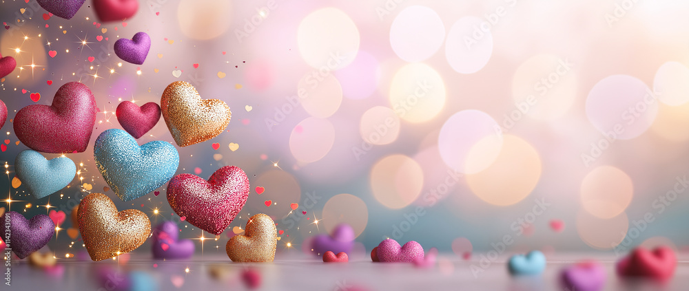 Poster colorful hearts with sparkling effects on soft bokeh background create joyful and romantic atmospher