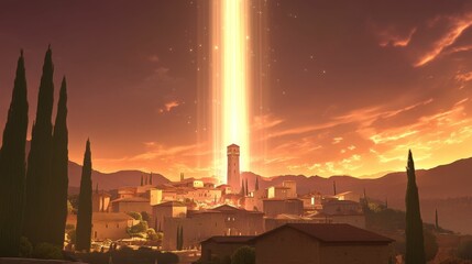 Obraz premium Sunset illuminates town; light beam pierces sky.