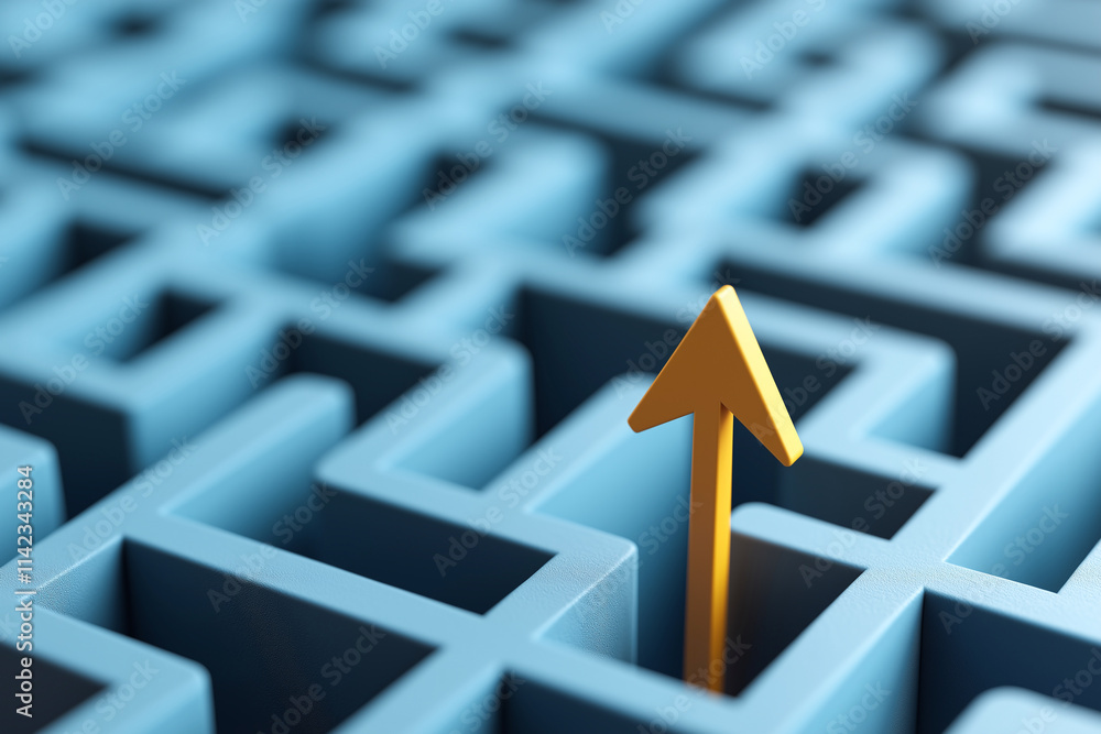 Poster yellow arrow pointing upward emerges from blue maze, symbolizing direction and clarity. this represe