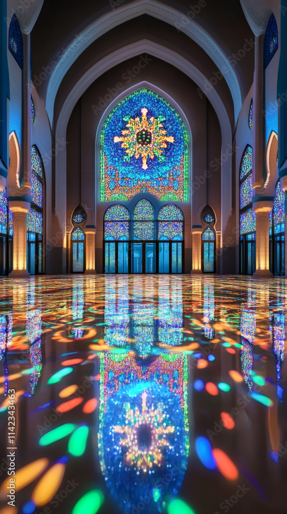 Poster stained glass window in a mosque illuminating the polished floor with vibrant colors, creating a cap