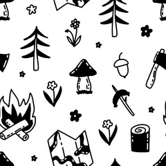 Camp travel seamless pattern. Forest adventure with trees, mushrooms, flowers, map and bonfire. Mountain hikking. Hand drawn vector doodle