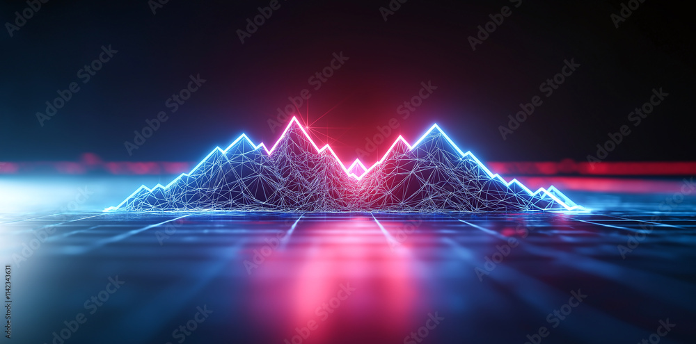 Poster abstract mountain peaks with neon blue and red lines, creating futuristic digital landscape. glowing
