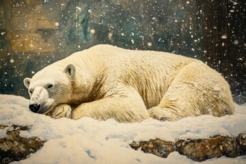 Polar bear resting peacefully in snowy landscape. Perfect for winter, wildlife, or nature projects.