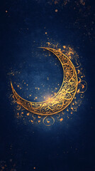 Fototapeta premium Arabic calligraphy of ramadan on a dark blue background with a shining golden crescent moon